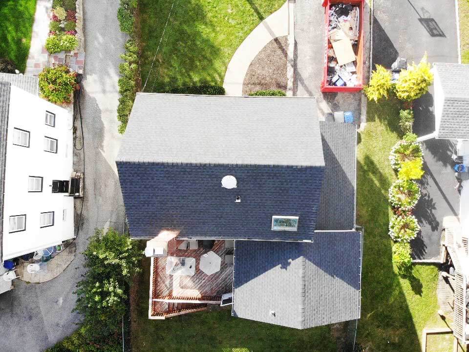 Overhead view of GAF asphalt shingles on home