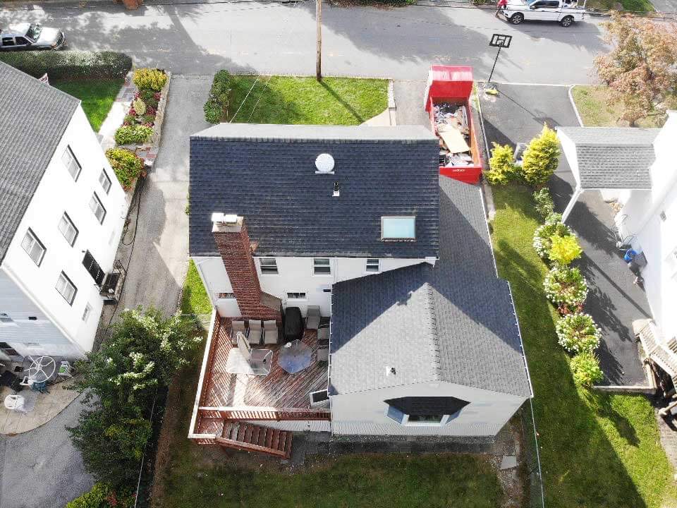 Overhead view of GAF asphalt shingles on home