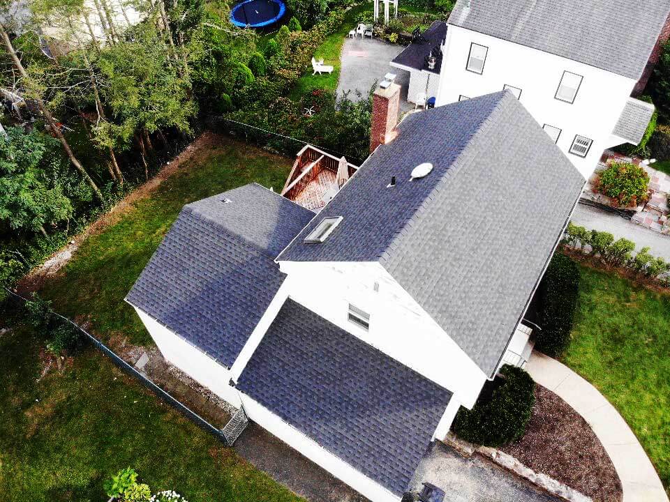 Overhead view of GAF asphalt shingles on home