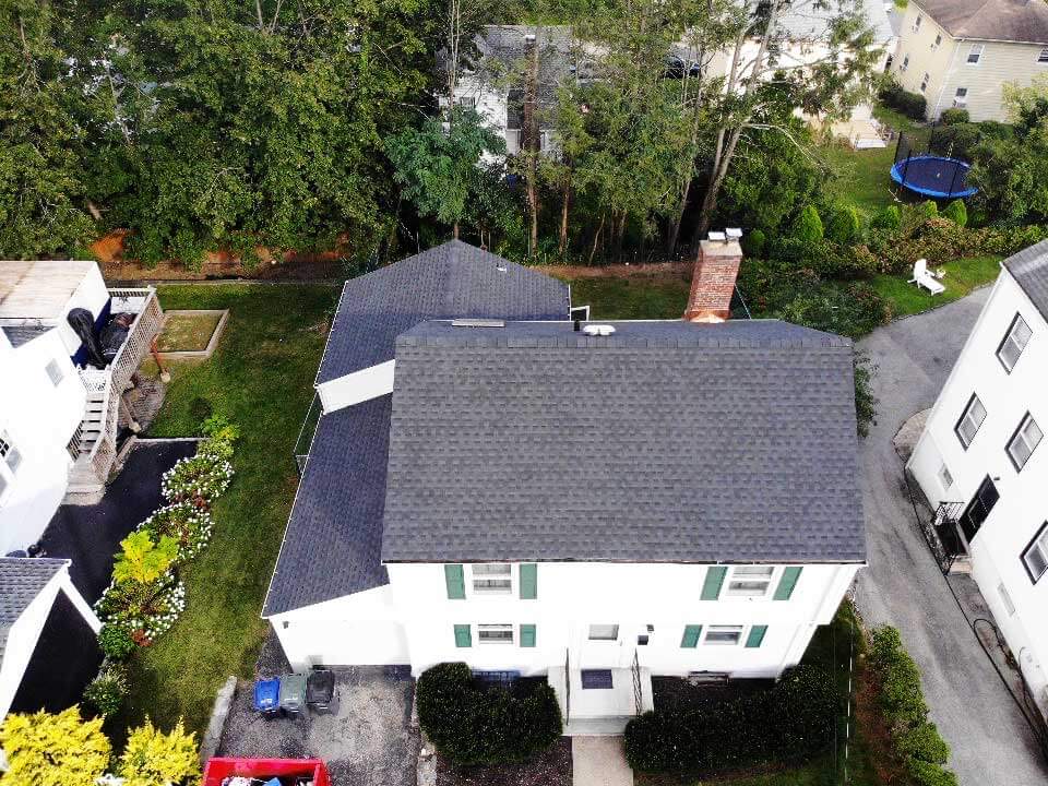 Overhead view of GAF asphalt shingles on home