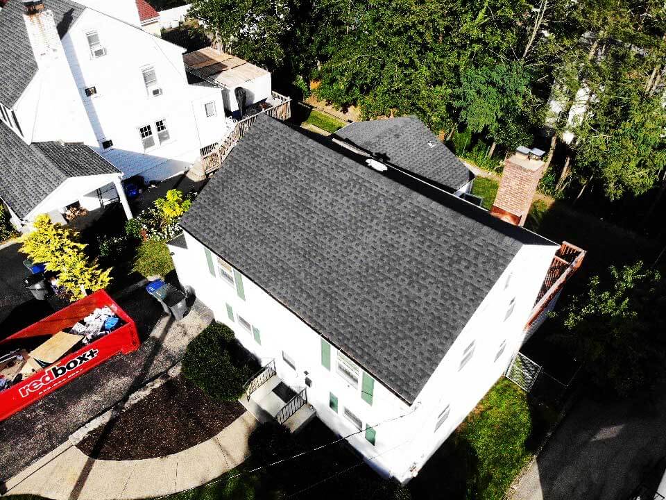 Overhead view of GAF asphalt shingles on home