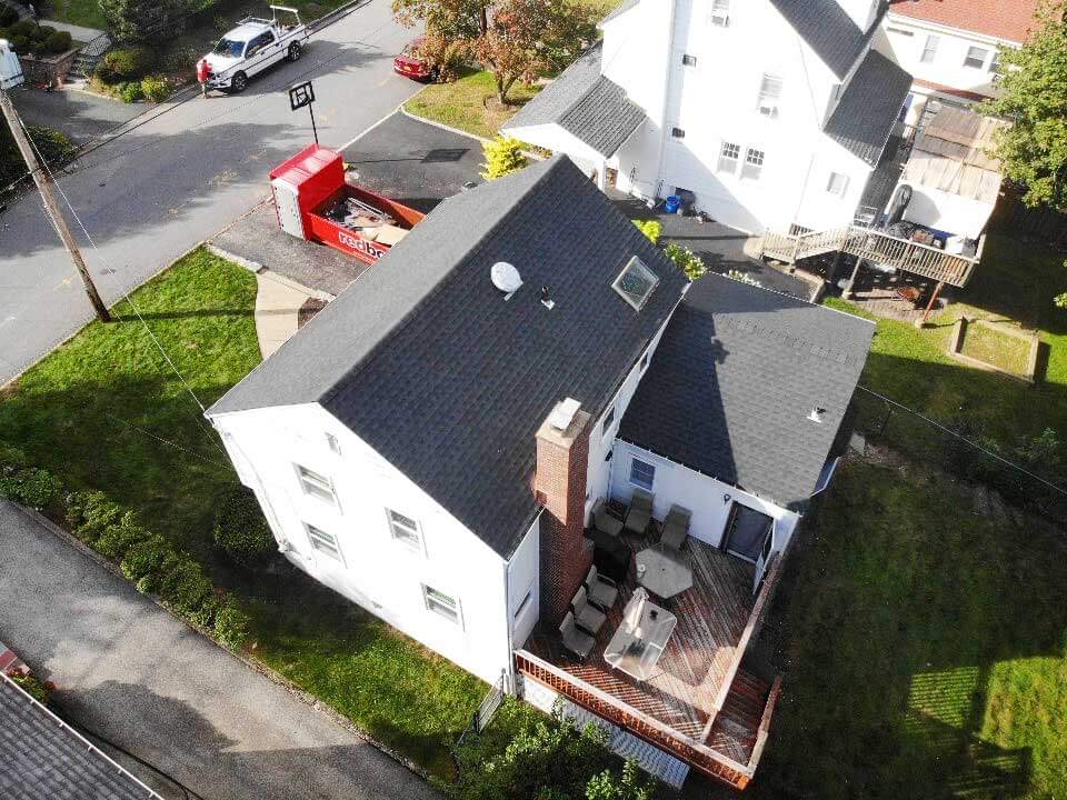 Overhead view of GAF asphalt shingles on home