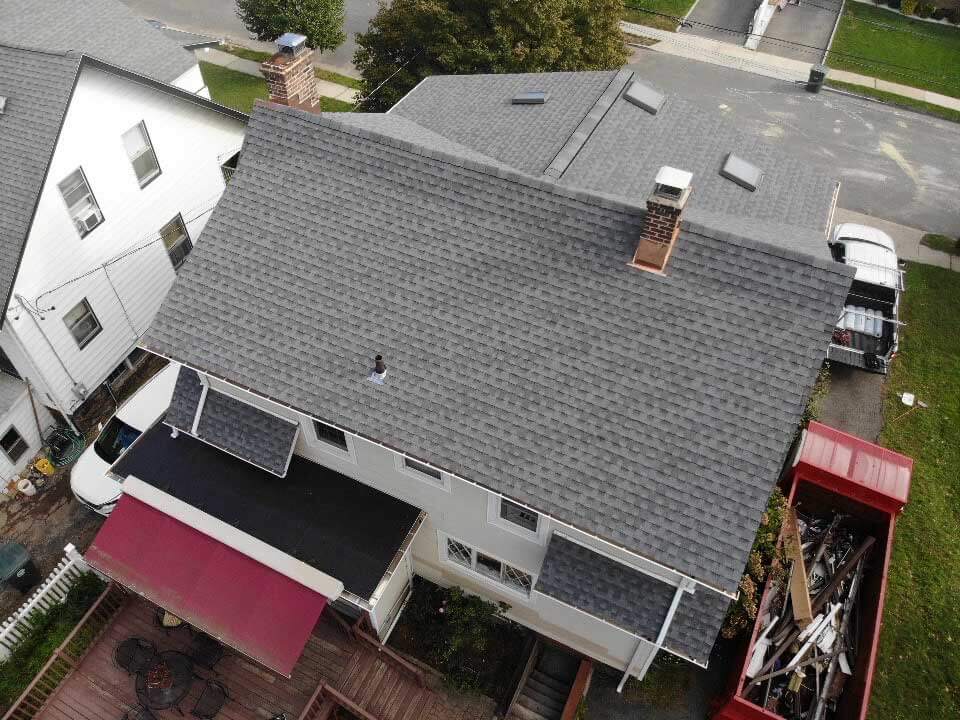 Overhead view of GAF asphalt shingles on home