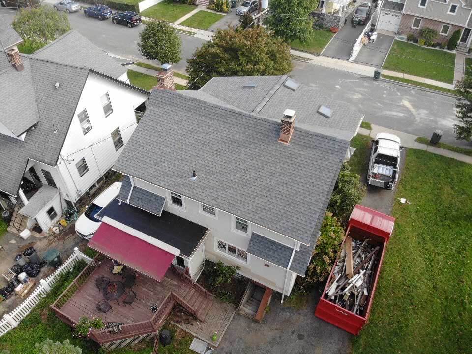 Overhead view of GAF asphalt shingles on home