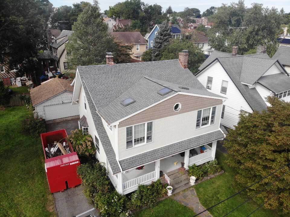 Overhead view of GAF asphalt shingles on home