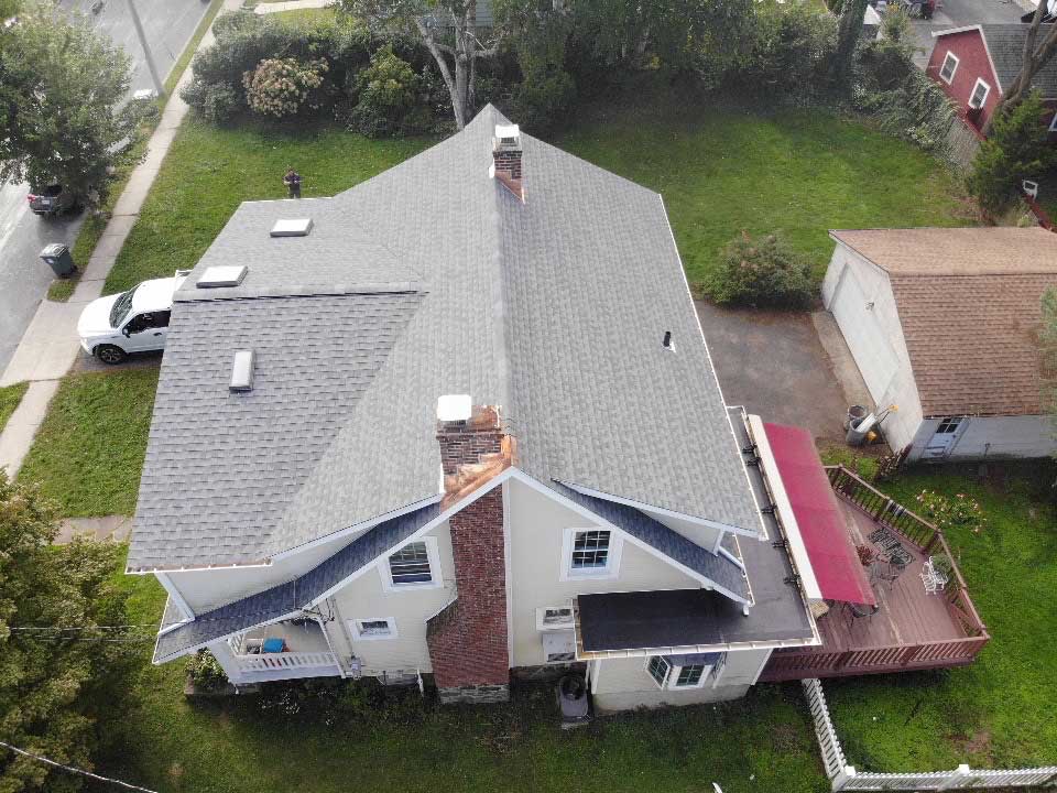 Overhead view of GAF asphalt shingles on home