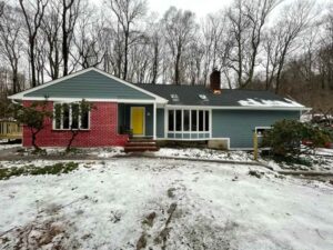 Front of home with Booth Bay Blue James Hardie siding