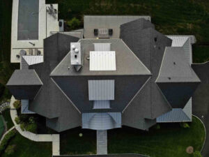 Aerial view of gray roof with Alpine SnowGuards