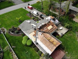 Aerial view of roofing installation in progress