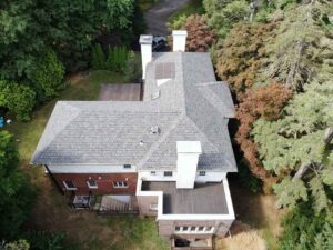 Aerial view of asphalt shingles on home