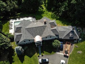 Aerial view of gray asphalt shingles on home