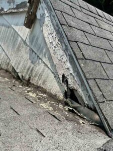 Damaged wood along edge of roof