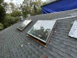 Closeup view of skylight replacement in progress