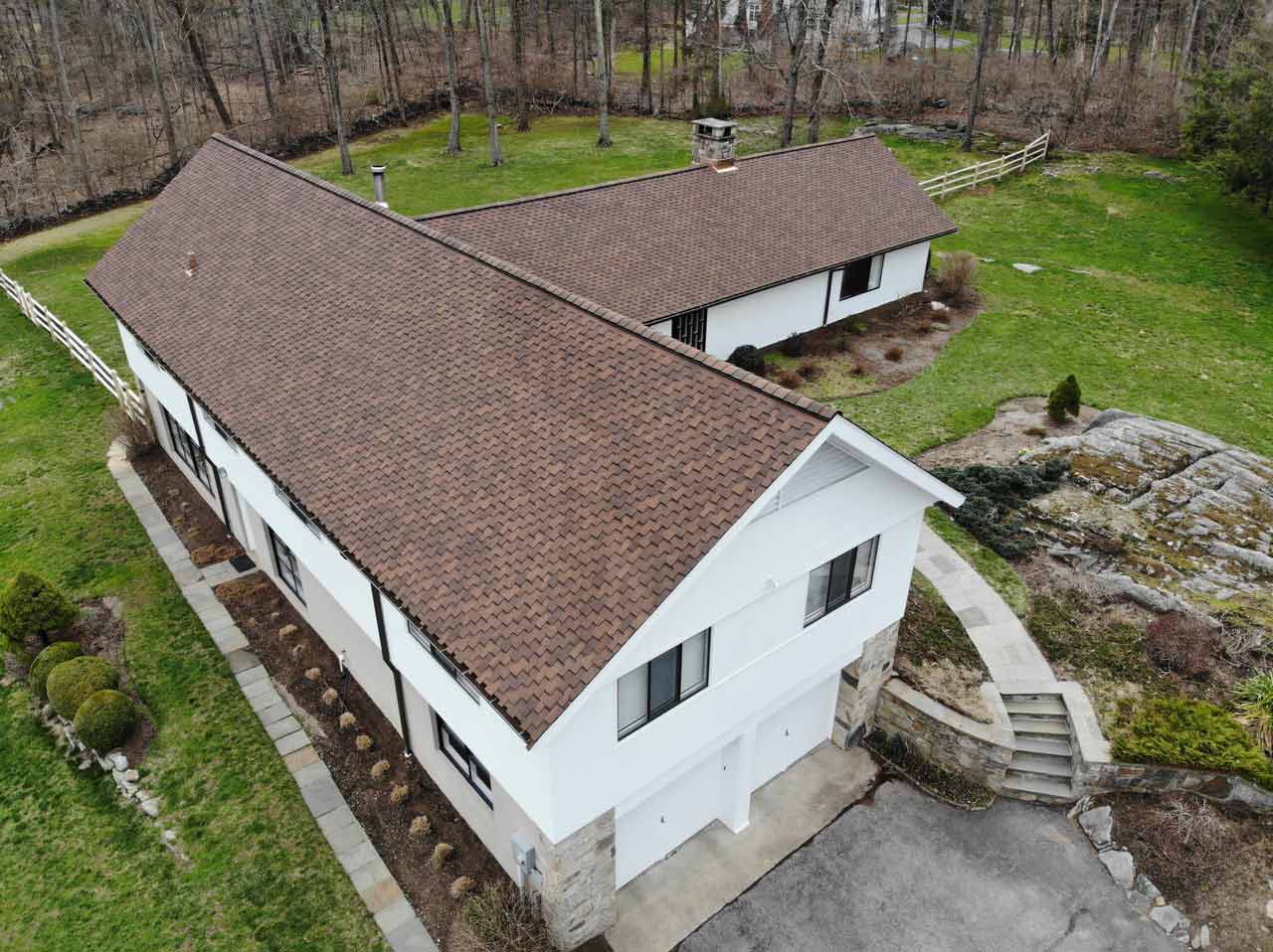 Aerial view of asphalt roof shingles