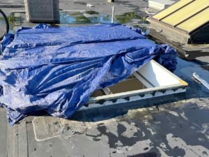 Blue tarp covering skylight repair in progress