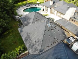 Aerial view of DaVinci slate roof with single-width tiles in North Stamford, CT