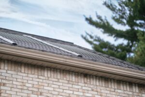 Detail view of GAF Timberline solar shingles on roof