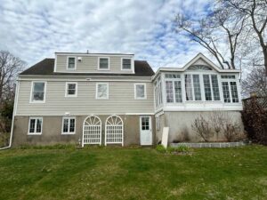 Back of home with James Hardie siding in Cobble stone