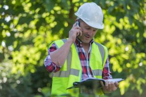 worker in hard hat and vest talking on the phone at a job site